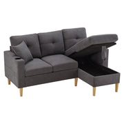 Divano Chaise Longue a 3 Posti con Contenitore e Portabicchieri; Reversibile; in Cotone e Lino; Grigio Scuro
