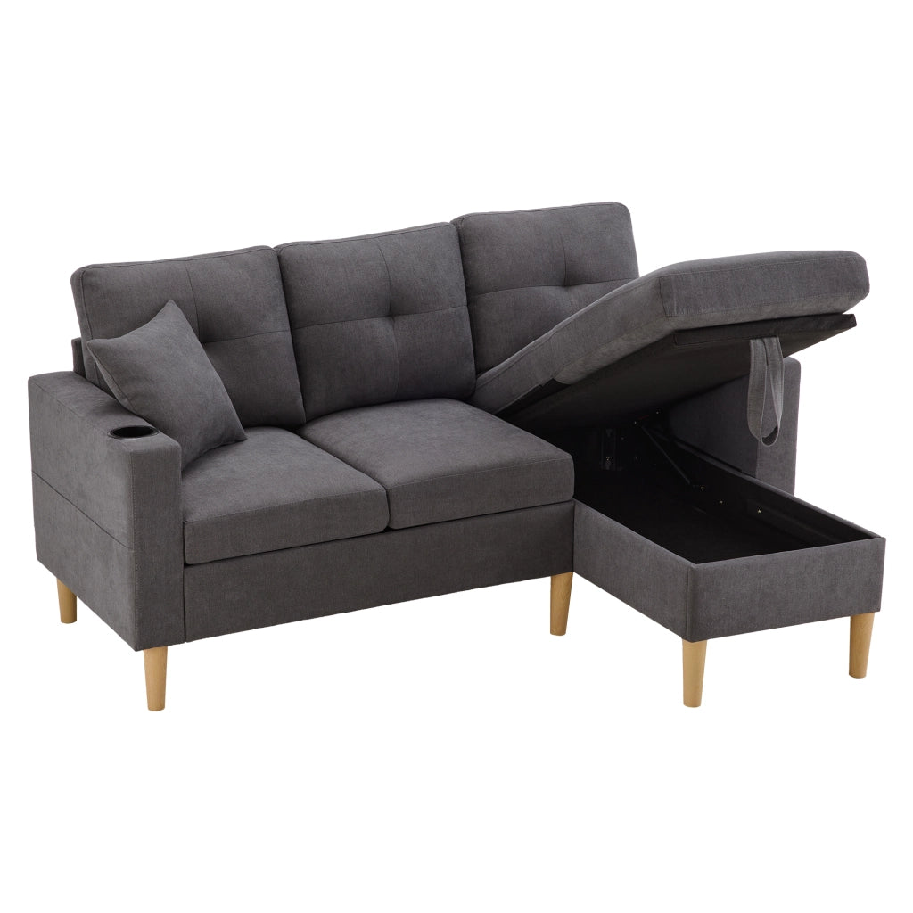 Divano Chaise Longue a 3 Posti con Contenitore e Portabicchieri; Reversibile; in Cotone e Lino; Grigio Scuro