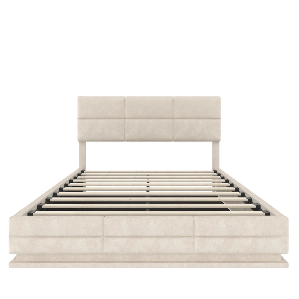 Letto Contenitore Imbottito in Velluto con LED e Sollevamento Idraulico ¨C MINIMAL ¨C Beige 140x200