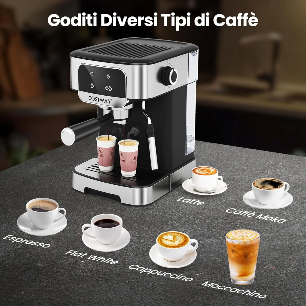 1200W Macchina da Caffè Professionale, Macchina per Espresso 20 Bar con Montalatte a Vapore, in Acciaio Inox per Cappuccino Latte Macchiato, 26 x 21 x 28 cm