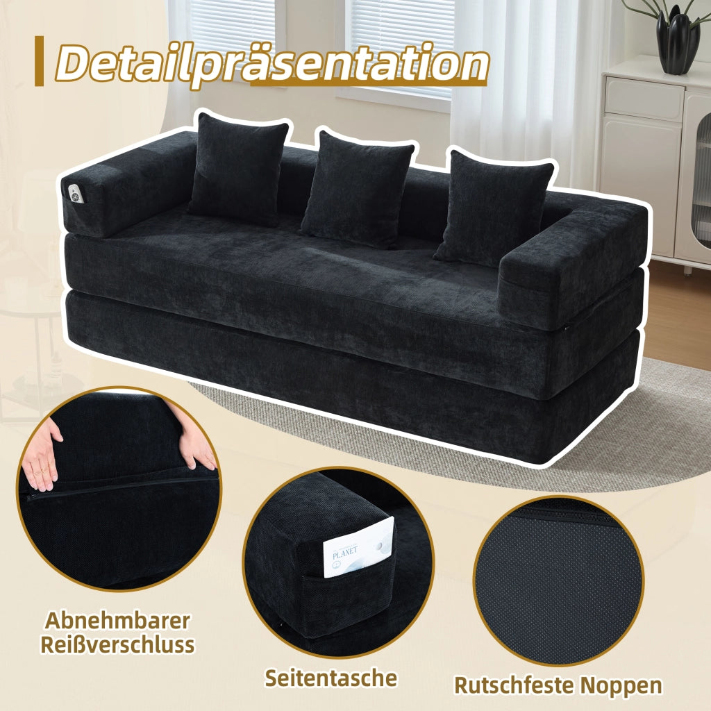 DIVANO modulare in chenille nero 198x79x60 cm