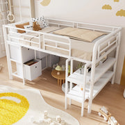 OKWISH Letto a Soppalco 90×200 cm, Letto Singolo con Scala Larga, Cassetti, Mensole e Angoli Arrotondati, senza Materasso, Metallo, Bianco