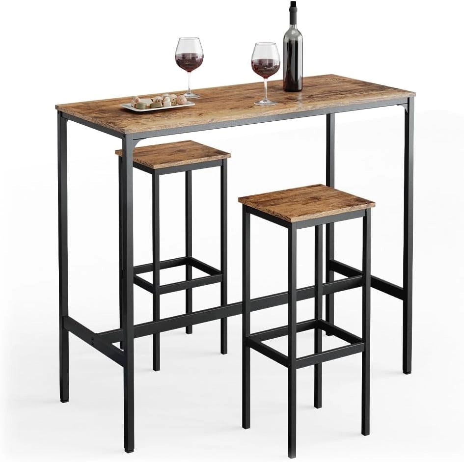 Tavolo bar con sgabelli Fyrk, Legno antico, 120 x 50 cm con 2 sgabelli da bar, adatto per banconi e piani cucina, impilabile per la conservazione