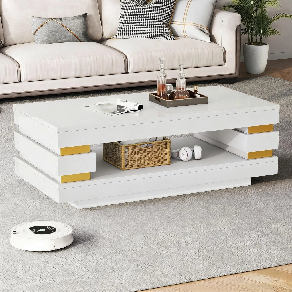 Tavolino lucido, 100 x 50 x 35 cm, design traforato, luci a LED, pannello truciolare, bianco