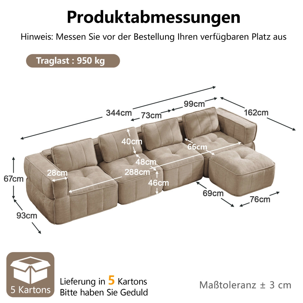 Divano modulare angolare senza struttura con pouf e seduta profonda in poliestere sabbia 344 × 162 × 67 cm