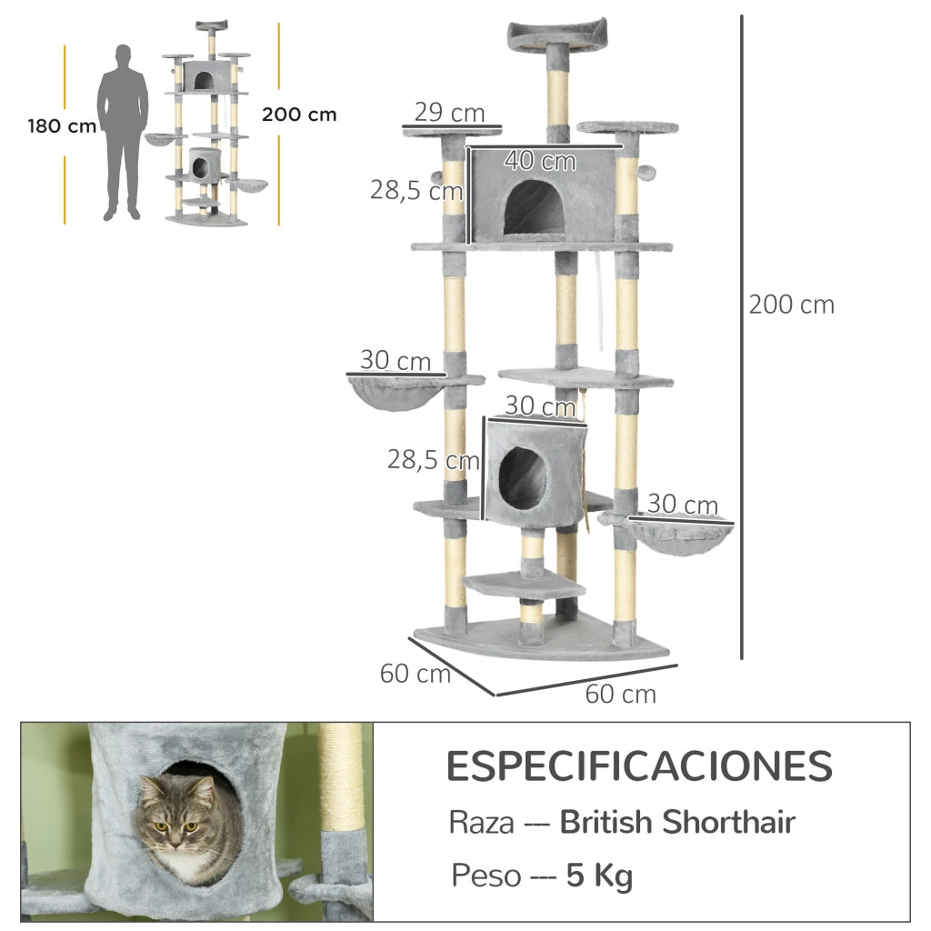 Torre per Gatti con Cuscini e Sisal ¨C Zephmum ¨C Grigio 60x60x200 cm
