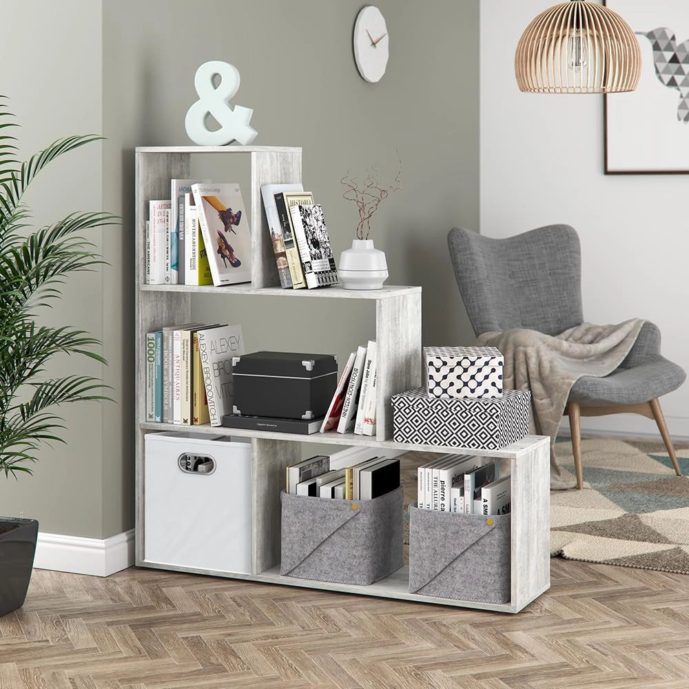 Scaffale per scale, Grigio, 116.8 x 123.2 cm, utilizzabile come divisorio in versione a gradini