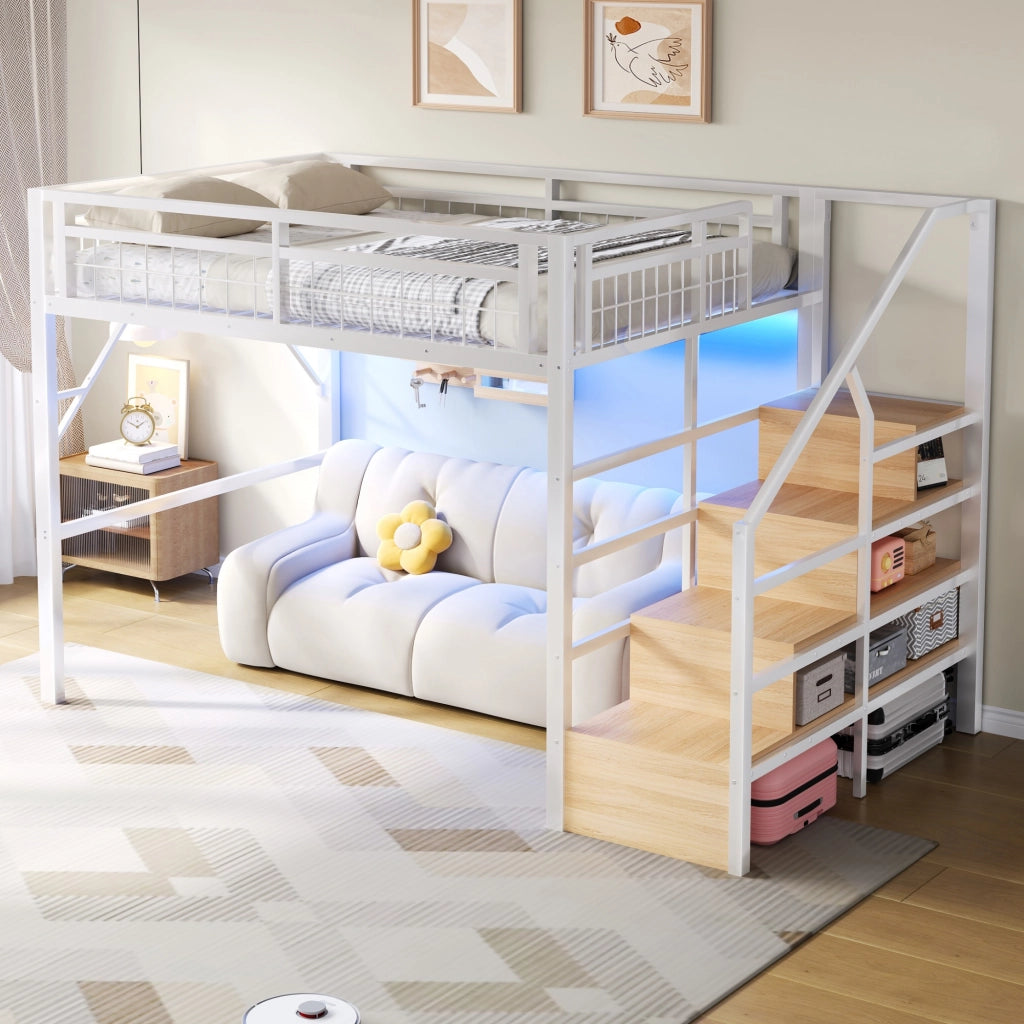 OKWISH Letto a Soppalco 140×200 cm, Letto Matrimoniale con LED Regolabile, Scala Contenitore e Spazio sotto Letto, senza Materasso, Bianco