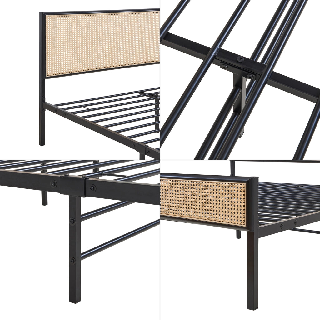 Letto Matrimoniale Linköping in Metallo Nero con Materasso 160x200 cm Testiera e Pediera Effetto Rattan [en.casa]