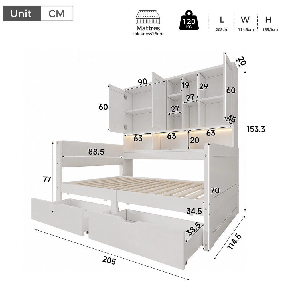 Letto per bambini 90x200 cm con LED e USB, letto a divano a L con testiera in PU, cassetti contenitore, ripiani e armadio, legno bianco