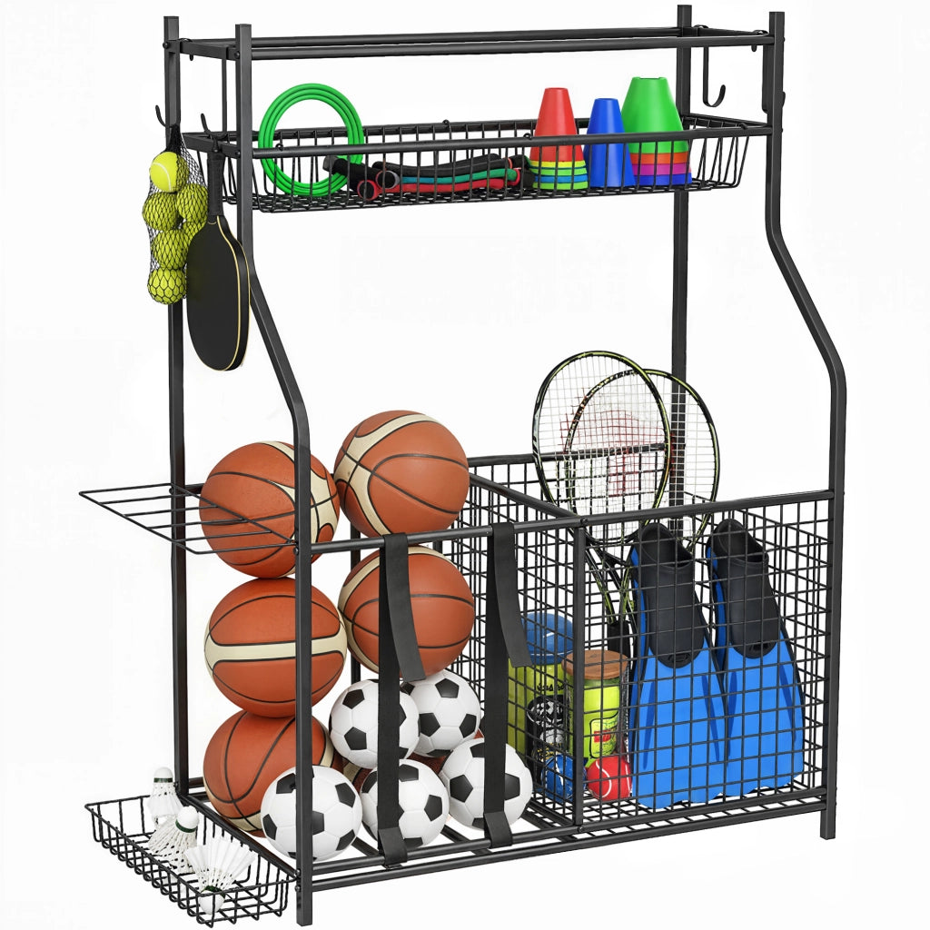 Organizzatore per Attrezzature Sportive con Cestino, Ganci Estraibili e Fasce Elastiche ¨C Zephmum ¨C Grigio