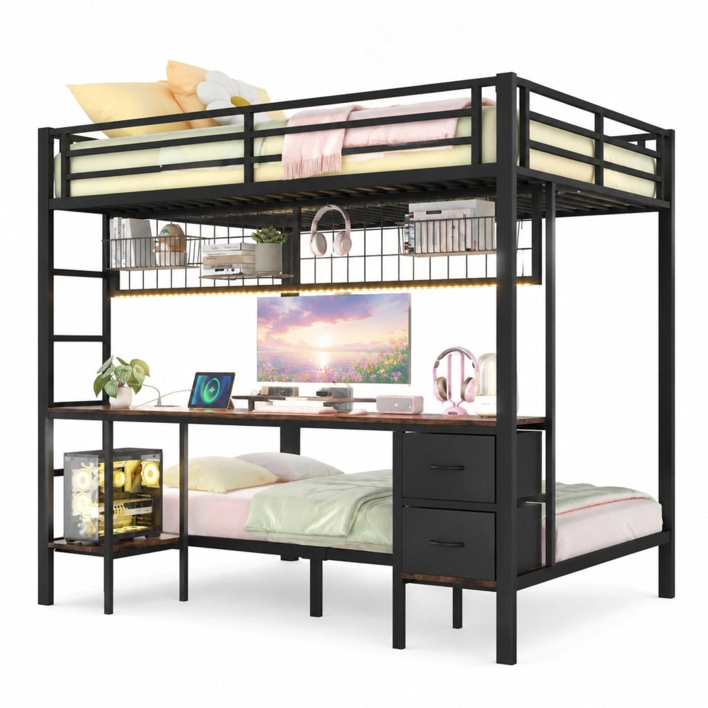 Letto a soppalco 140x200 cm in metallo e MDF nero con scrivania; cassetti; ripiani e LED