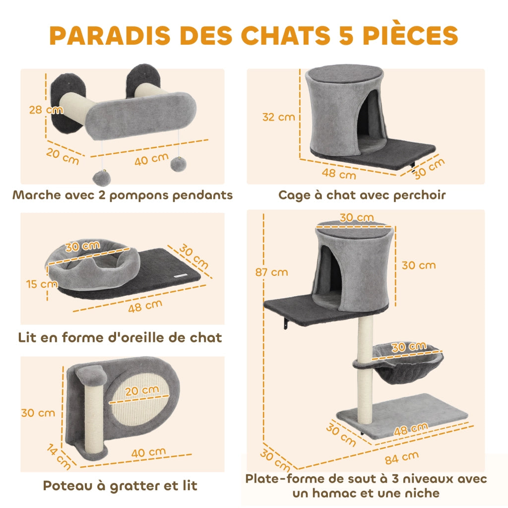 Scaffale per gatti ¨C Zephmum ¨C Grigio 5 livelli 2 nicchie piattaforme sisal