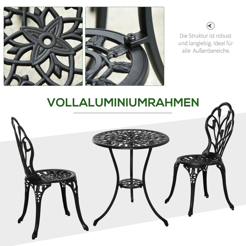 SET BISTRO TAVOLO ROTONDO Ø60 CM CON 2 SEDIE IN ALLUMINIO NERO