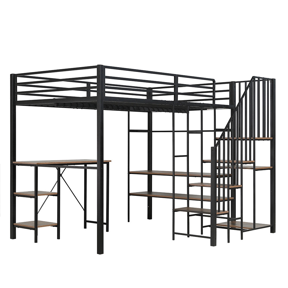 Letto a Castello in Ferro – Xylo – 120x200cm, Scala Angolare con Ripostiglio, Tavolo, Scaffale, Armadio Aperto, Nero/Legno