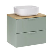 Insieme OSTER 60cm: mobiletto sottolavabo con cassetti verde salvia + piano per lavabo effetto rovere chiaro + lavabo da appoggio quadrato