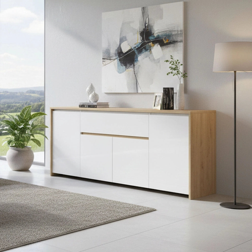 Credenza Basile, Buffet da soggiorno, Madia da salotto, Dispensa da cucina, 197x48 h84 cm, Rovere e Bianco lucido