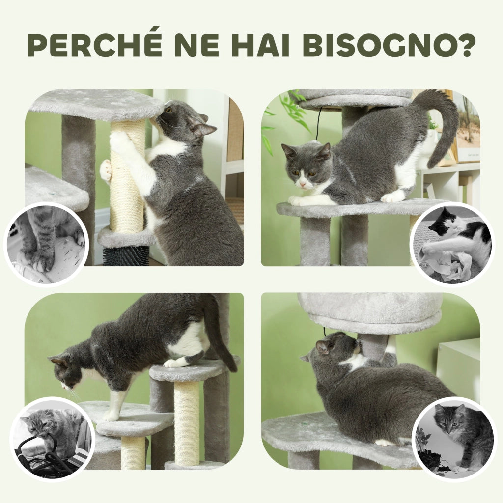 Albero Tiragraffi per Gatti con Casetta Ripiani e Letto 60x39x87 cm in Peluche e Sisal Grigio