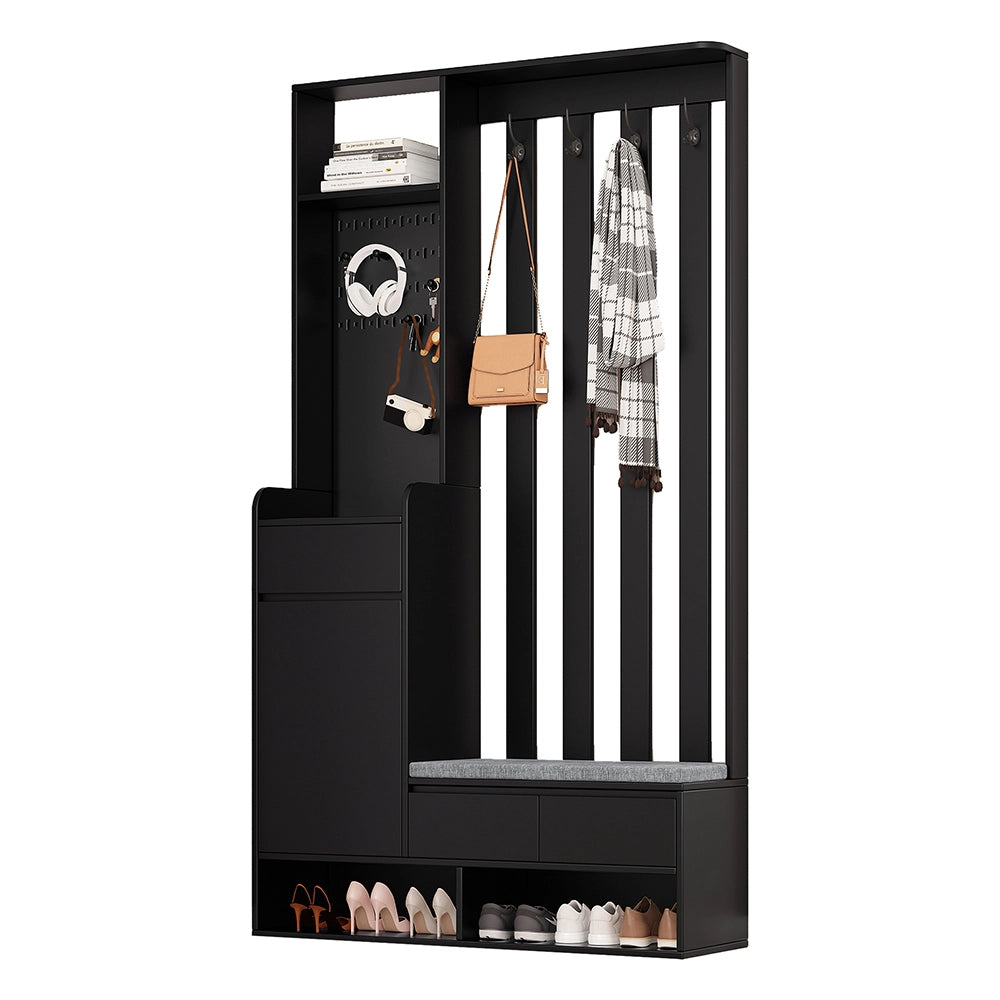 Portaabiti con panca imbottita - Xylo - H180/L100/P35 cm - Nero - Multifunzionale con porta scarpe e lavagna