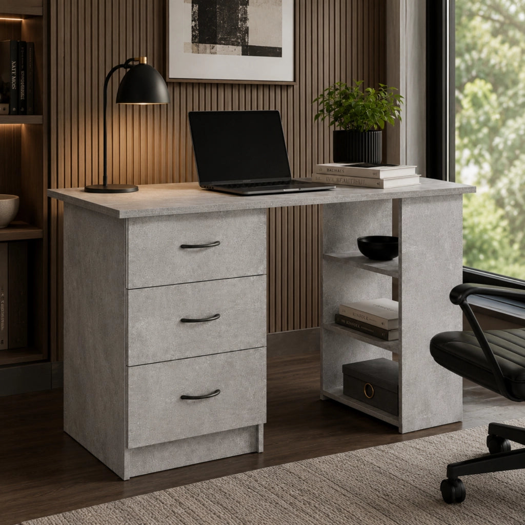 Scrivania Per Studio Con 3 Cassetti E 3 Vani A Giorno Scrittoio In MDF Resistente Dallo Stile Minimal Per Ufficio Cameretta E Smart Working 120 x 49 x 72 Cm Grigio Cemento