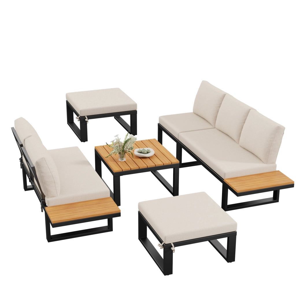 Set Divano Angolare da Giardino 6 pezzi con Tavolino ¨C MINIMAL ¨C Acciaio, Cuscini Grigio/Beige, Schienale Regolabile