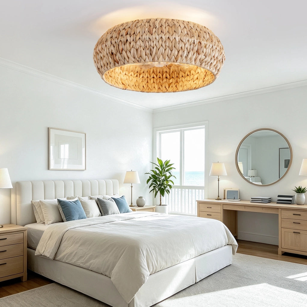 Ventilatore da soffitto 53 cm con luce, in rattan e plastica color rame