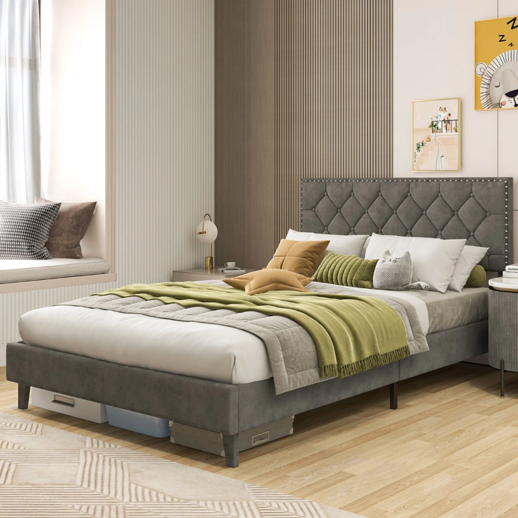 Letto a piattaforma imbottito con testiera bottoni doghe in legno-Struttura letto moderno Grigio 207,5x160x105,5/114cm