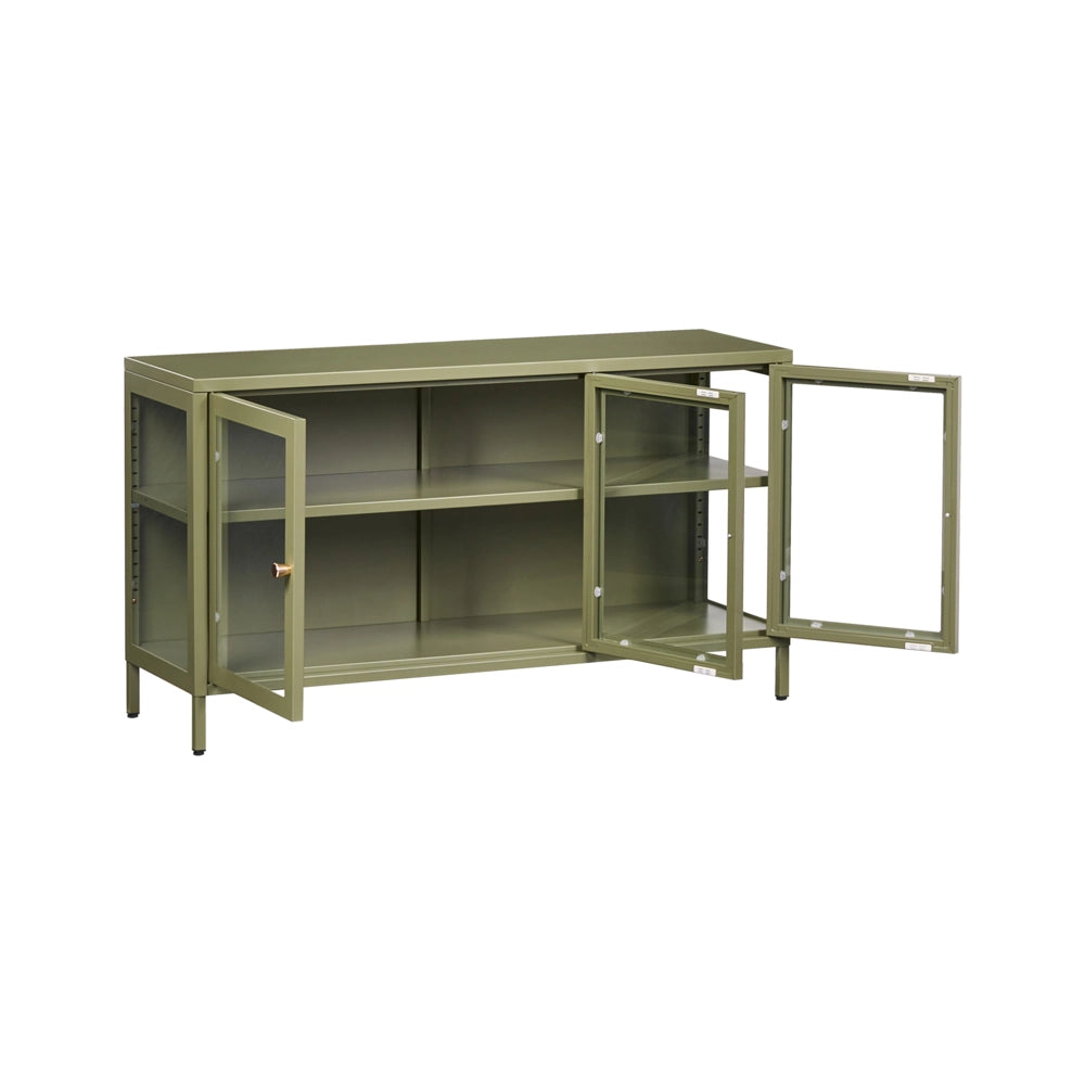Credenza in acciaio con vetro temperato a 3 ante e ripiani regolabili verde arredi per il soggiorno dal design moderno.