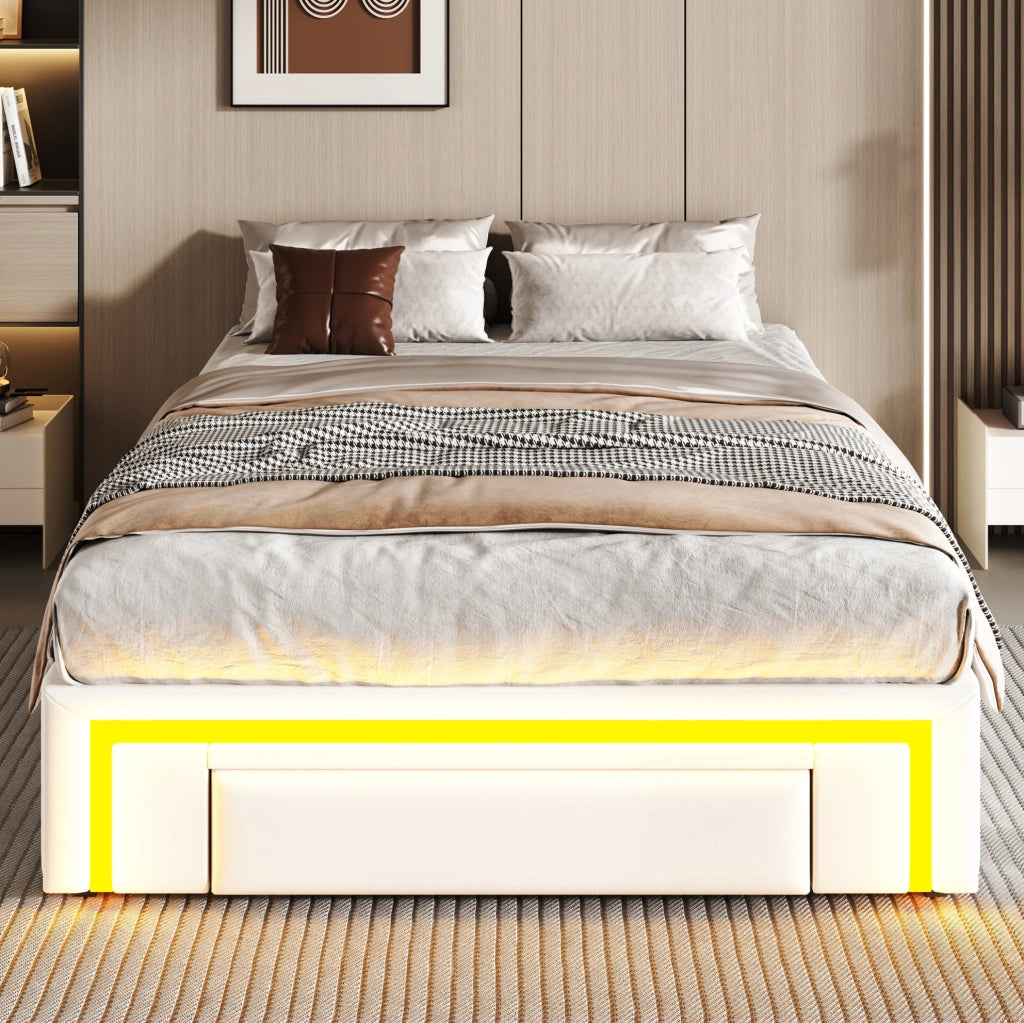 Letto imbottito 90x200 cm in PU bianco senza testiera con cassetti e LED RGB