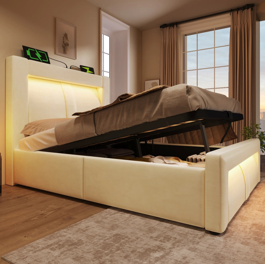 Letto singolo ULEVR 90x200 cm con materasso, contenitore idraulico, LED, USB e USB-C, velluto beige