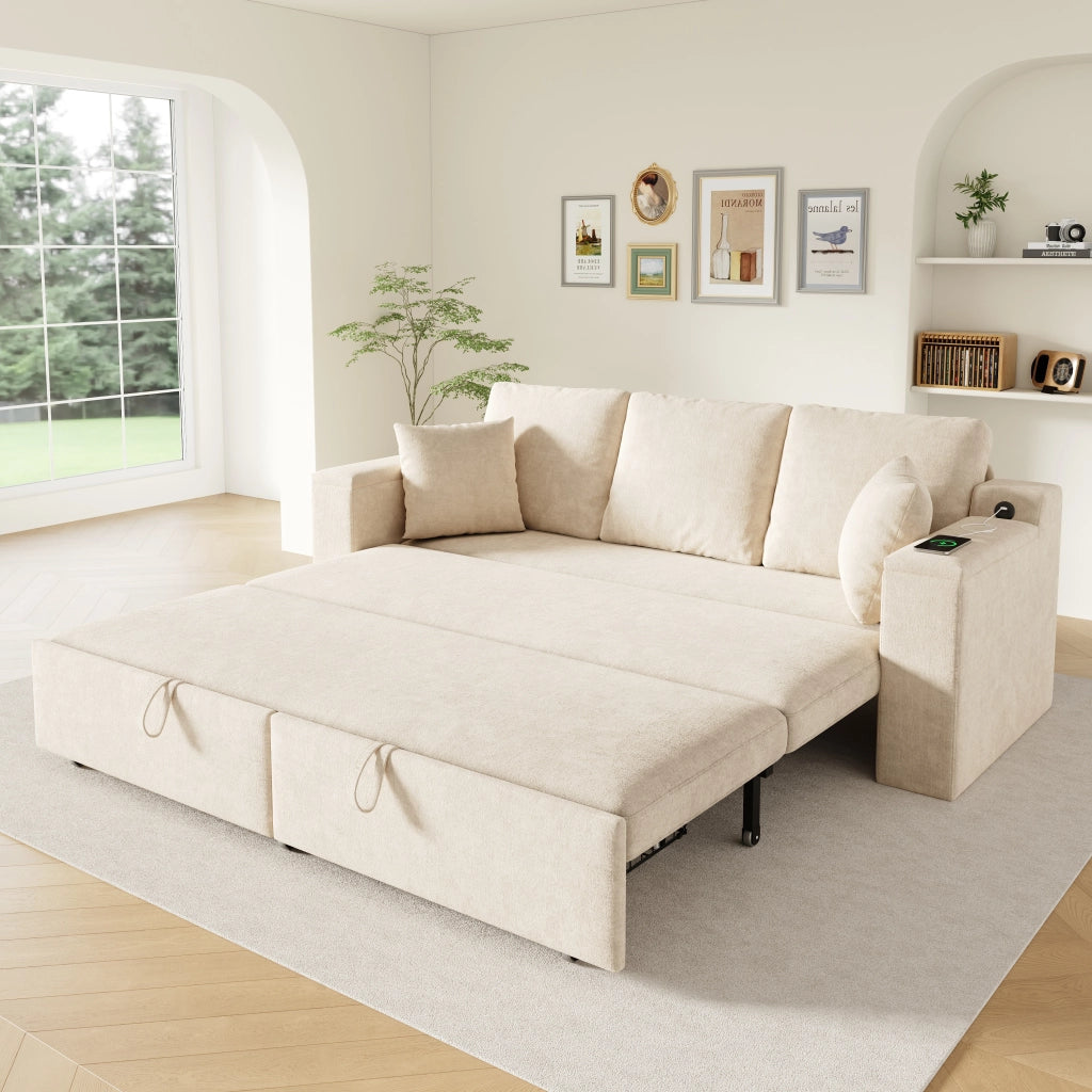 Divano letto 3 posti - con funzione letto; contenitore e porte USB e Type-C - in ciniglia beige