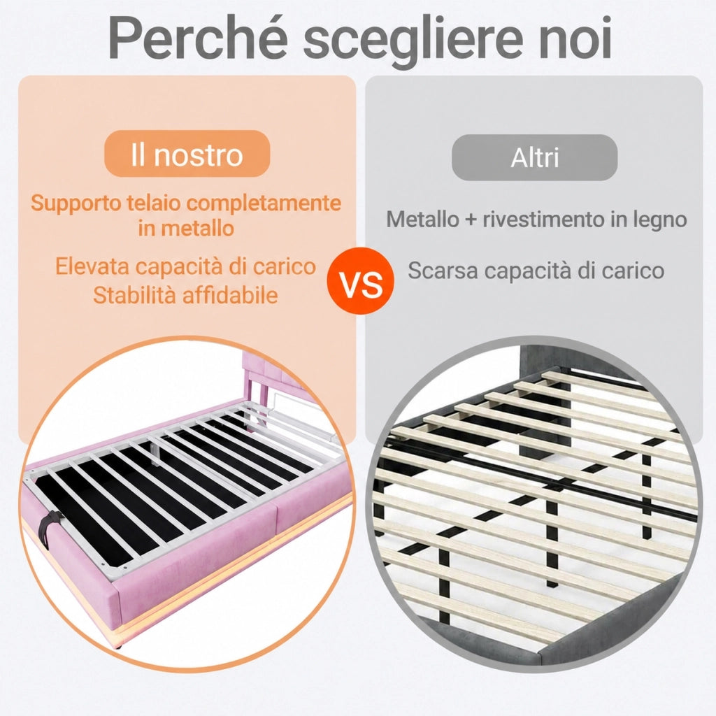 Letto imbottito per bambini 90x200 cm con LED e USB; contenitore idraulico; velluto rosa