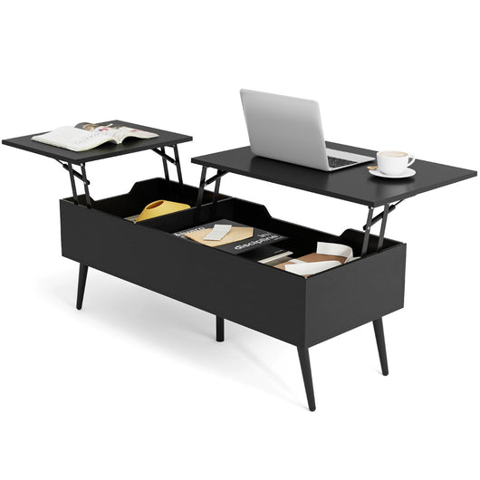 Tavolo centrale moderno con 2 scomparti nascosti e gambe in metallo tavolo, Tavolino da caff¨¨ con piano sollevabile Nero-Tavolini da salotto