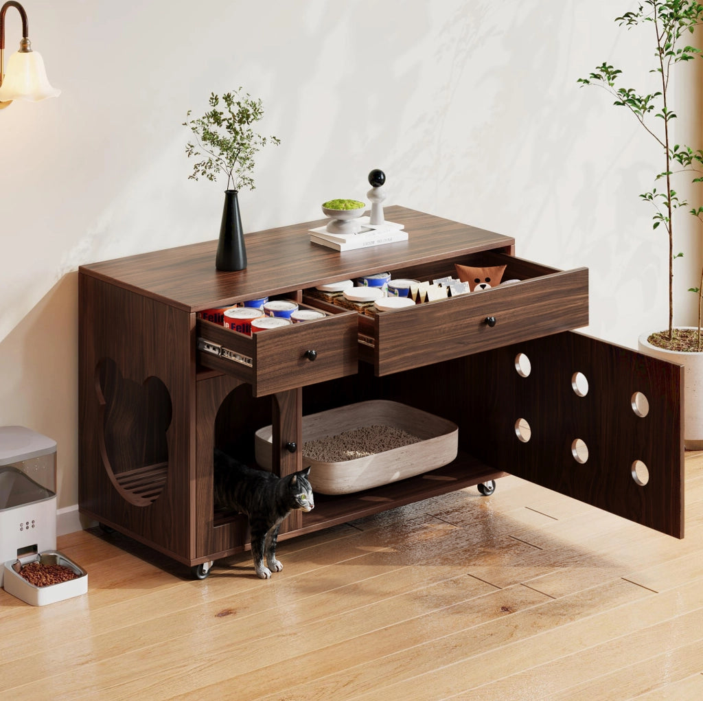 Mobile per lettiera per gatti con 2 cassetti e pannello raccoglisabbia rimovibile; MDF noce 100x45x66 cm