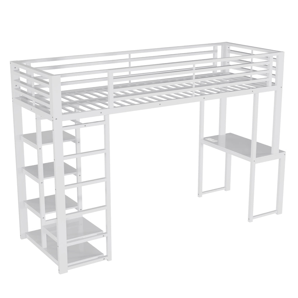Letto a soppalco 90x200 cm con scrivania; 4 ripiani e vano abiti; MDF e metallo; bianco