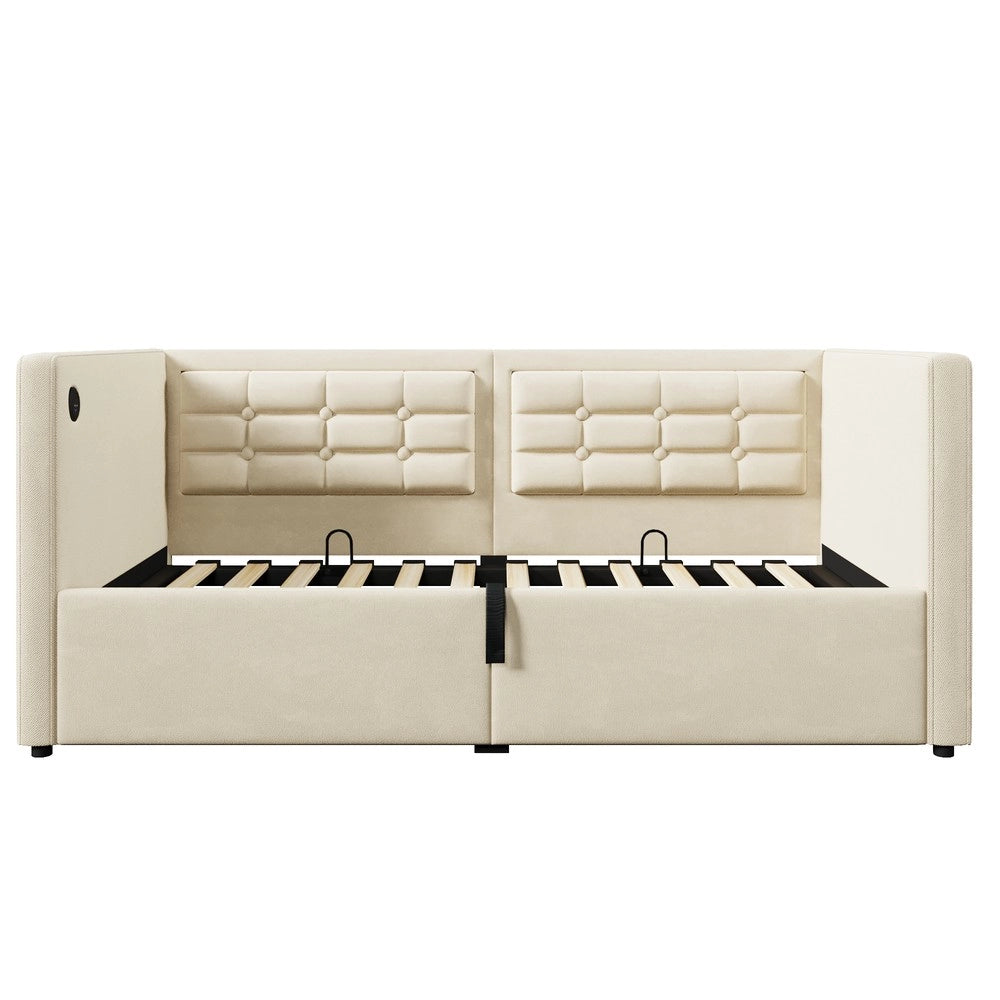 Letto Singolo Imbottito Contenitore ¨C MINIMAL ¨C Velluto Beige 90x200, Idraulico, USB