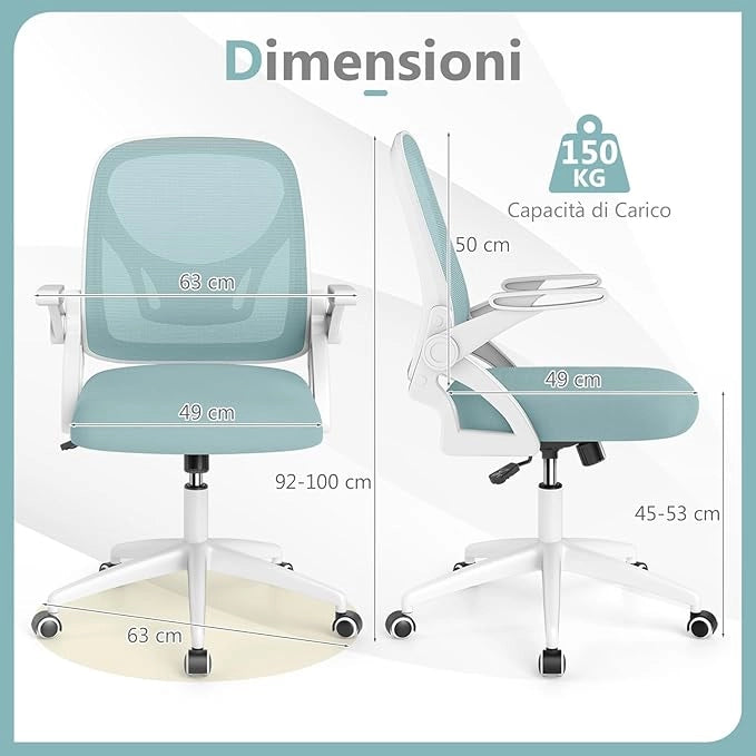 Sedia da Ufficio in Rete, Sedia da Scrivania Ergonomica con Supporto Lombare e Braccioli Ribaltabili, Sedia da Lavoro Girevole, con Ruote Regolabile in Altezza, Portata 150 kg
