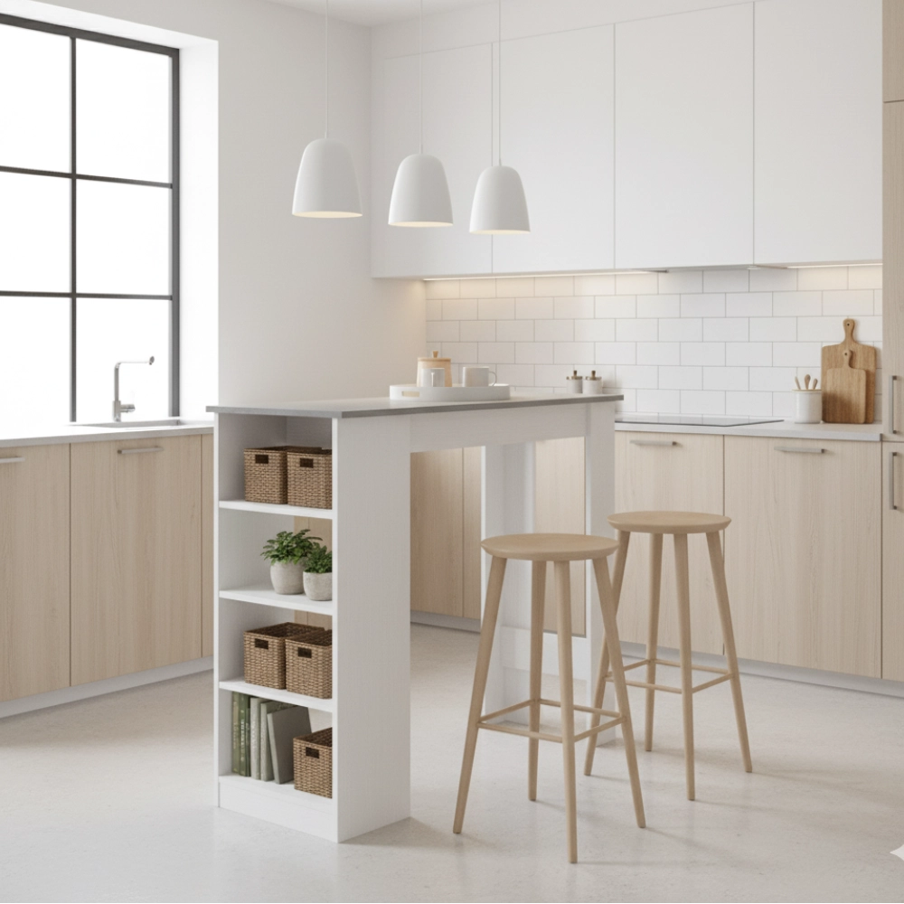 Tavolo snack alto Kivo bianco e cemento con 3 ripiani laterali 112x49.6x103.5H