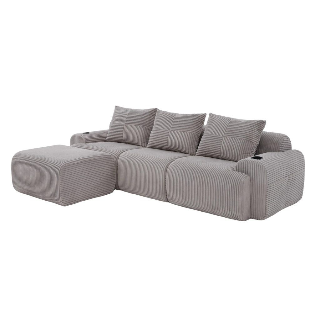 Divano modulare 3 posti in corduroy grigio chiaro; con portabicchiere e tasca laterale; 268 cm