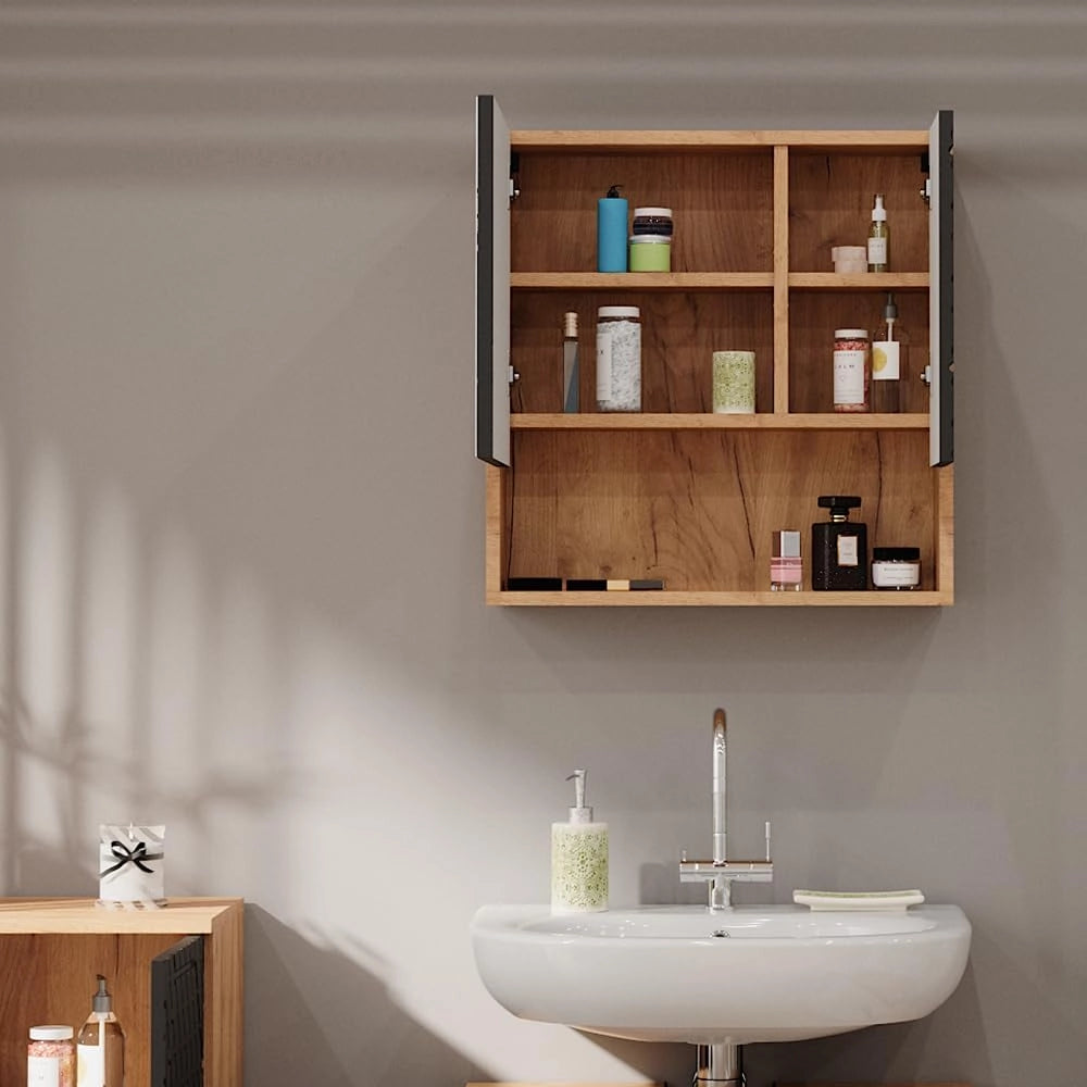 Mobile a specchio per il bagno Irma, Antracite con struttura a nido d'ape, 54 x 55 cm, per montaggio a parete con specchio e vani a giorno
