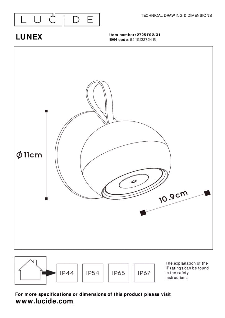 Applique esterno LED 2W 3000K a batteria Lucide Lunex