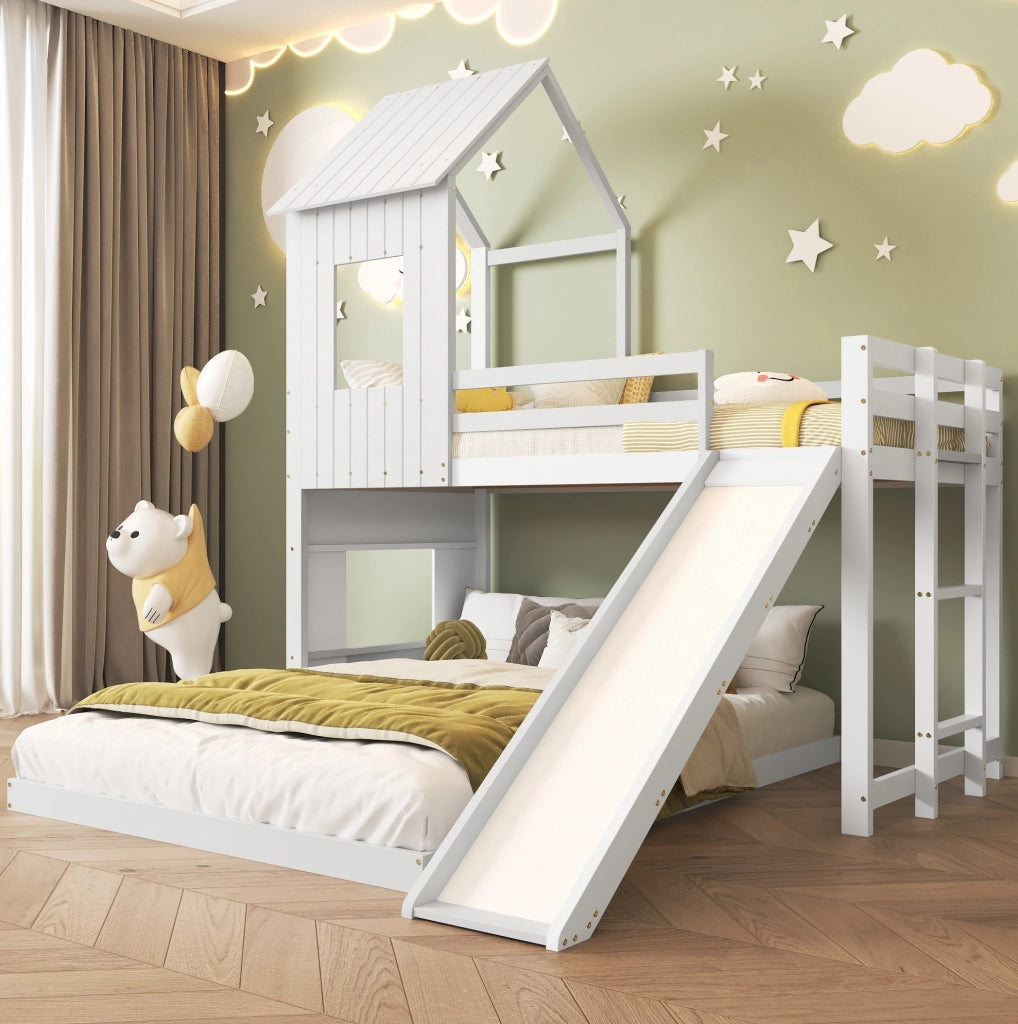 Letto a castello per bambini con scivolo bianco 90x200/140x200 cm
