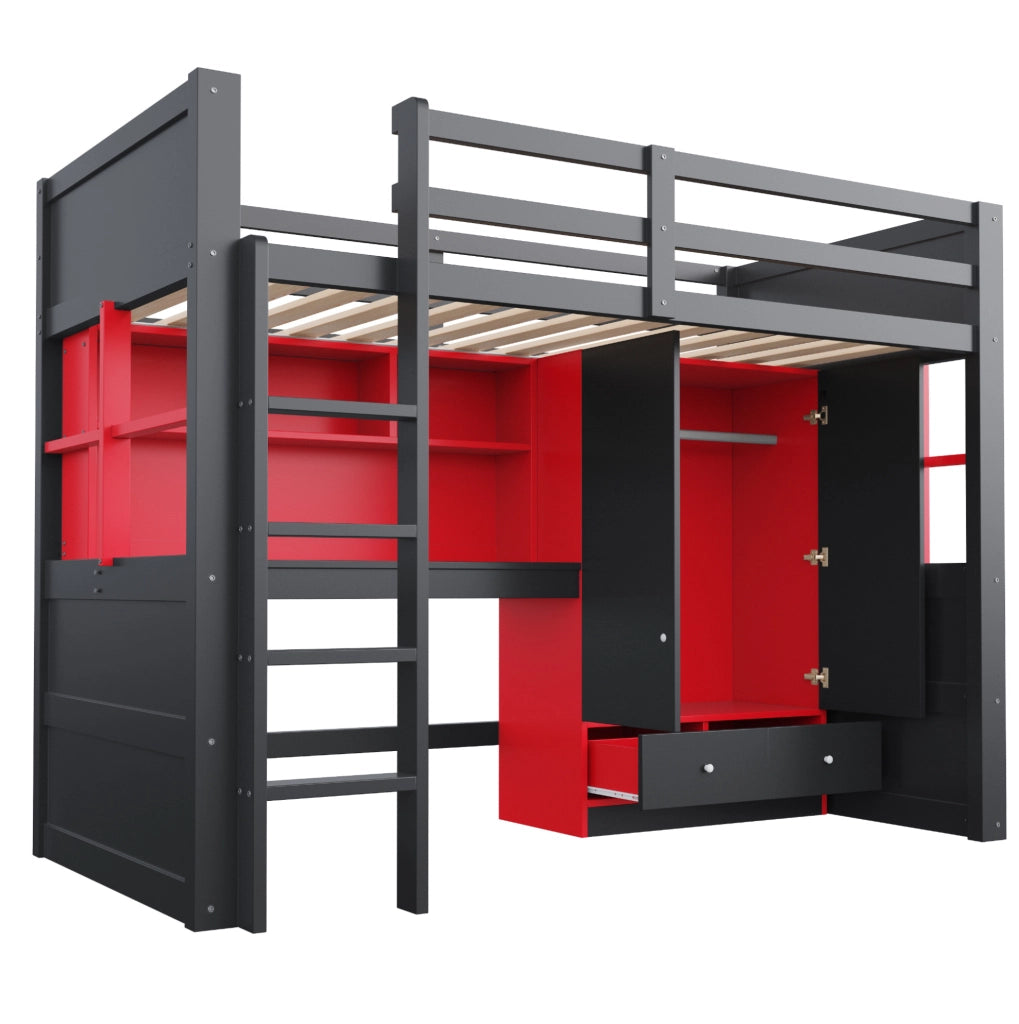 Hochbett in stile gaming 90x200 cm con scrivania; armadio e cassetti; nero rosso