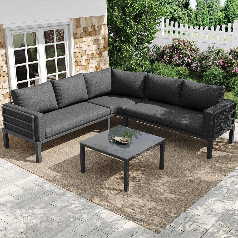 Set giardino - Xylo - 4/5 posti con tavolo vetro temperato grigio