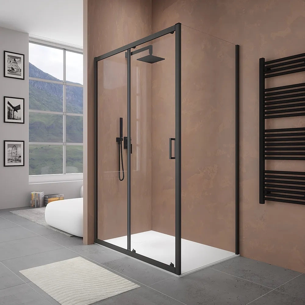 Box doccia 145x80 cm scorrevole vetro 6mm trasparente profili nero opaco h185 | Tonga