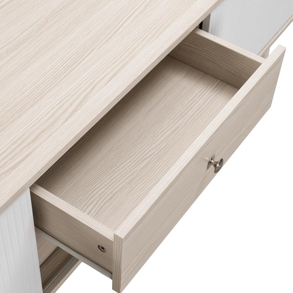 Mobile porta tv con due ante scorrevoli e due cassetti in pannello truciolare E1 bianco e legno 160 × 40 × 58 cm