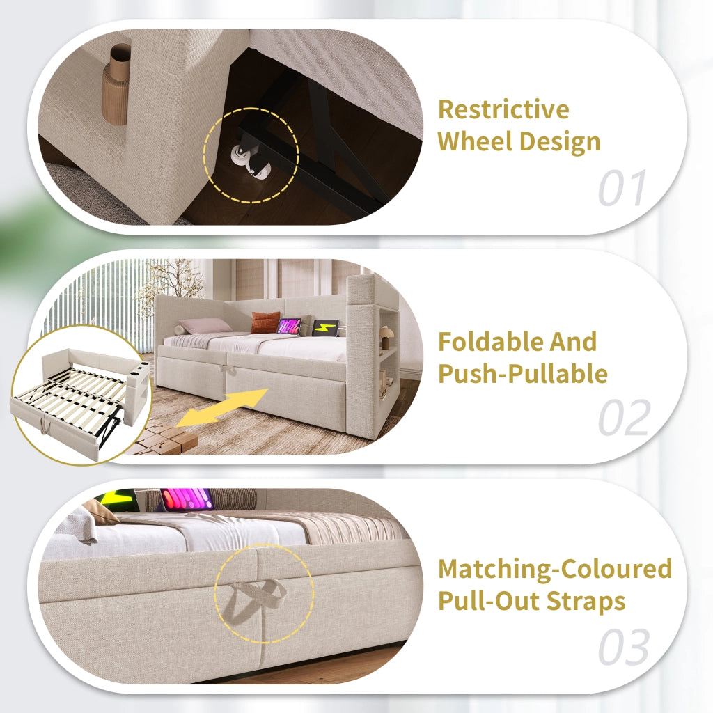Letto a Divanetto 90x200 cm con Estraibile; USB; Type-C e Portabicchieri Beige