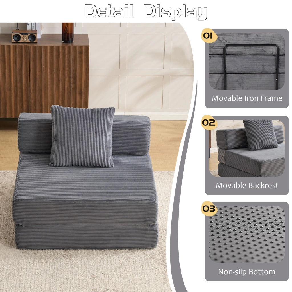 Divano letto convertibile da pavimento in tessuto a coste con design pieghevole e imbottitura in spugna grigio scuro