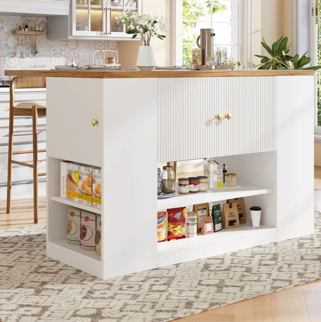 Isola cucina 140x70x90 cm con piano ribaltabile; ampio spazio contenitore in MDF e metallo; bianco