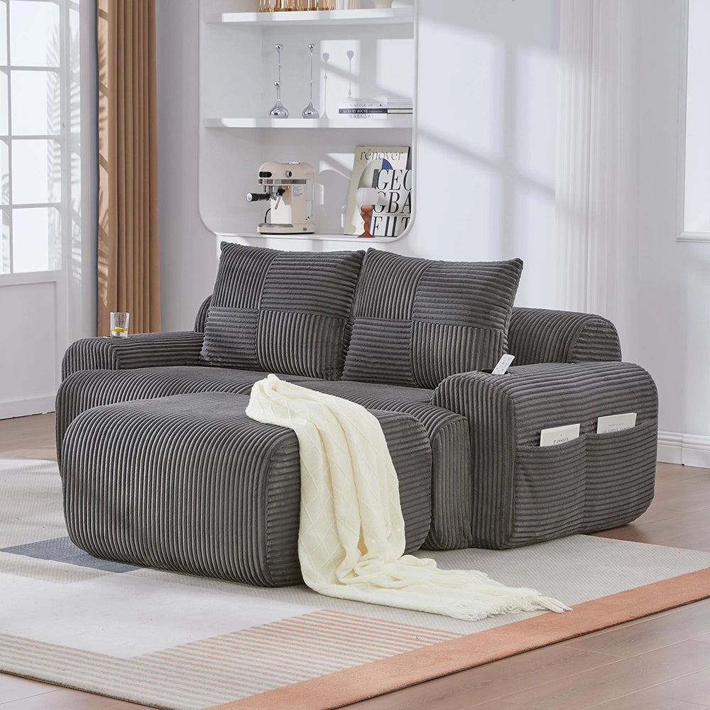 Canap¨¦ modulable in velluto costato per 2 persone - Xylo - Con pouf, porta-bevande e tascone laterale